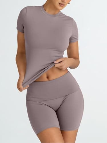 Trendy Queen 2 Piece Summer Cute Workout Sets Gym Short Set Pilates Yoga Outfits Going Out Spring Athletic Comfy Active Wear CoffeeGrey M