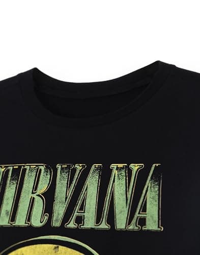 Nirvana Mens T-Shirt | Adults Short Sleeve Graphic Tee in Black | Classic Grunge Distressed Green Logo Print & Face