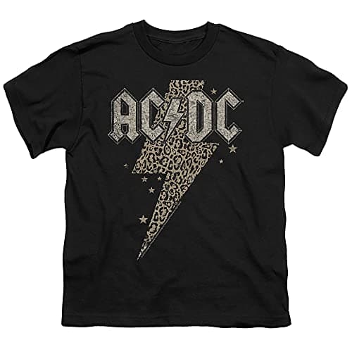 PopFunk Classic AC/DC Leopard Bolt, Black Youth/Big Kids 7+ Years Unisex Boy Girl Short Sleeve Graphic T-Shirt (Large) Leopard Bolt, Black