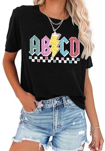 Teacher Shirts Women ABCD Teacher Tshirt Teacher Life Shirt Tees Teacher Gifts Casual Teach Tops Black