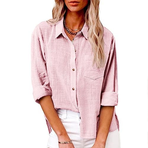 Long Sleeve Button Down Shirts for Women Plus Size Cotton Linen Business Casual Tops Fall Fashion Blouses 2025 Fall Tops for Women 2023 Trendy Pink XL