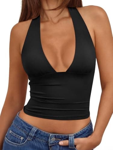 Trendy Queen Double Lined Halter Top for Women Open Back Backless Deep V Neck Crop Top Summer Teen Going Out Party Clubbing Black M