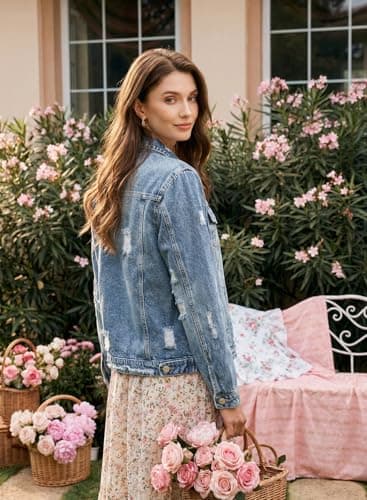 EVALESS Women Basic Ripped Distressed Denim Jean Jacket Coat 2025 Trendy Fall Plus Size Classic Long Sleeve Button Down Washed Trucker Jacket for Women Light Blue Large