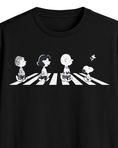 Peanuts T-Shirt Men's Abbey Road Crossing Black and White Graphic Print Tee (Large)