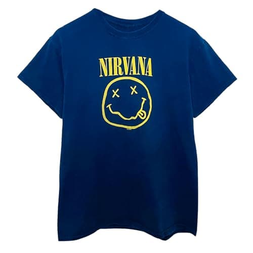 Nirvana T Shirt Yellow Smiley Band Logo Official Unisex Navy Blue Size L