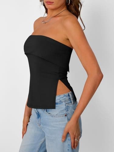 Trendy Queen Going Out Tops for Women 2026 Spring Trendy Tube Summer Top Off Shoulder Backless Strapless Bandeau Cute Work Shirts Vacation Y2k Clothes Outfits Fashion Black S