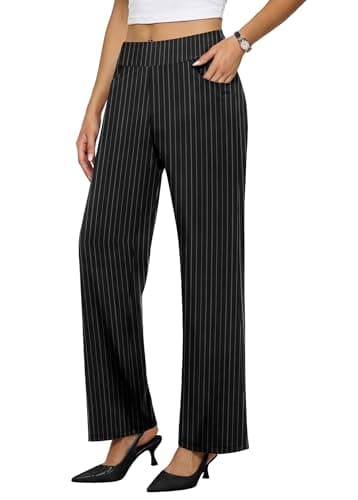 Sampeel Striped Pants Women Petite Wide Leg Palazzo Halara Dress Work Pants Women Pantalones De Vestir para Mujer Ladies Office Slacks with Pockets Striped Black M