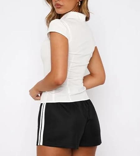 Women Y2k Button Down Blouse Short Sleeve V Neck Collared Cropped Shirt Tops Slim Fit Coquette Going Out Tops(Solid White,S)