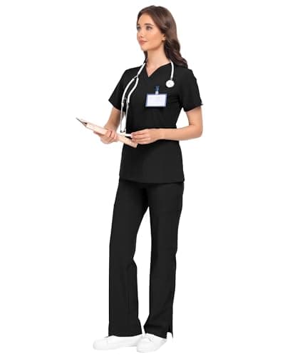 COMENII Scrubs for Women Set, V-Neck Top & Straight Leg Pants with 11 Pockets, Stretch Comfortable Womens Scrub Sets-R-Black M