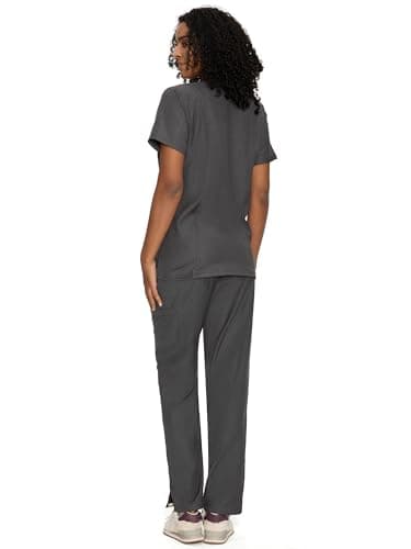 COZYFIT Scrubs for Women - Mock Wrap Top & Straight Leg Pants with 6 Pockets, Back Princess Seams, Soft Fabric Medical Scrubs Set Workwear for Women, Rock Grey, M