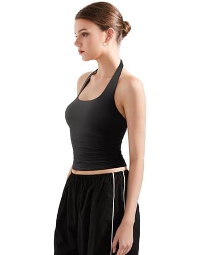 SUUKSESS Women Halter Tank Tops Double Lined Basic Backless Y2K Trendy Going Out Tops (Black,S)