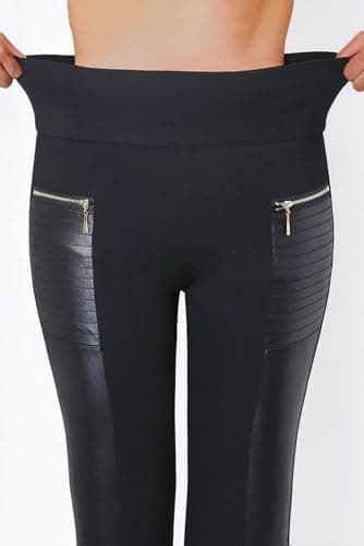 Flamingals Faux Leather Mid Waisted Tummy Control Motorcycle Leggings for Women Stretchy with Pockets Patch Zip Black M