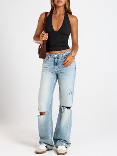 Trendy Queen Double Lined Halter Top for Women Open Back Backless Deep V Neck Crop Top Summer Teen Going Out Party Clubbing Black M