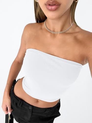 Trendy Queen Womens Tube Tops Strapless Crop Tops Basic Backless Sleeveless Going Out 2026 Spring Outfits Summer Clothes White M