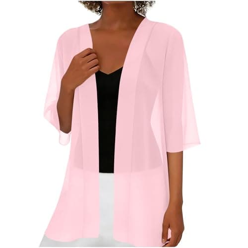 Women Lightweight Open Front Chiffon Cardigan Summer Casual Half Sleeve Lightweight Loose Beach Cover Up Blouse Top Pink
