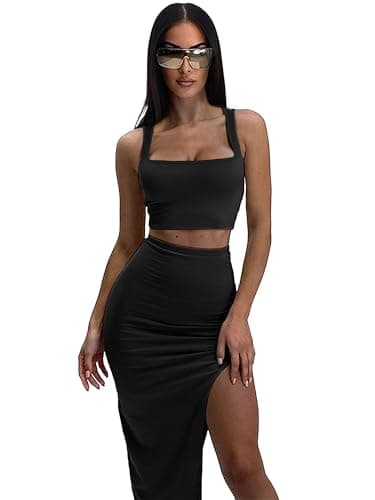 ELLEVEN Two Piece Maxi Skirt Sets for Women Summer Sexy Outfits 2 Piece Sets Sleeveless Square Neck Crop Tank Top and High Side Slit Bodycon Skirt Slim Fit Dress Sets Going Out Outfits Black Medium