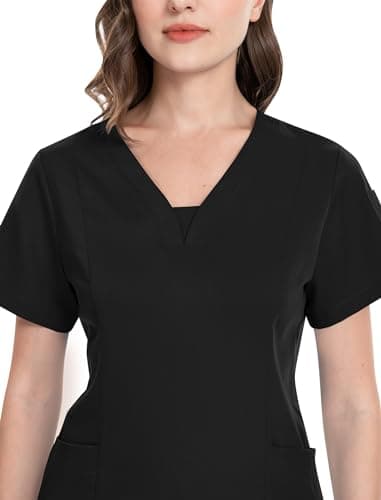 niaahinn Scrub Suit Set for Women Modern V-neck Top & Tapered Leg Jogger Pants with Drawstring Medical Nursing Uniforms Set (Black, M)