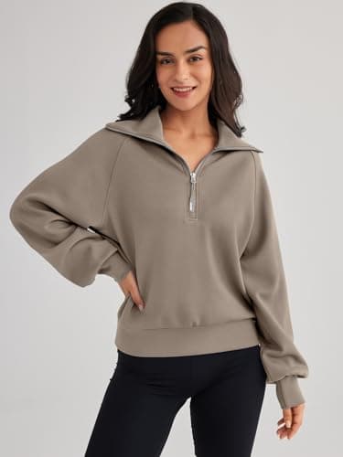 Trendy Queen Women's Oversized Quarter Zip Sweatshirts - Cropped Drop Shoulder Hoodie, Soft Y2K Pullover for Fall and Winter CoffeeGrey M