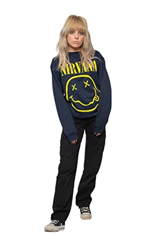 Nirvana Sweatshirt Yellow Smiley Band Logo Official Unisex Navy Blue Size S