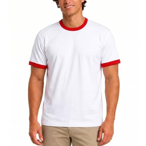 Zengjo Men's Ringer Tee Crewneck Athletic T Shirts Short Sleeve Sport Shirt for Men(White/Red,M)