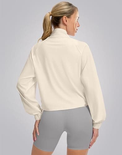 Soothfeel Women's Athletic workout Jacket Lightweight UPF 50+ Long Sleeve Sun Protection Shirts Zip Up Cropped Hiking Tops (Bone, S)