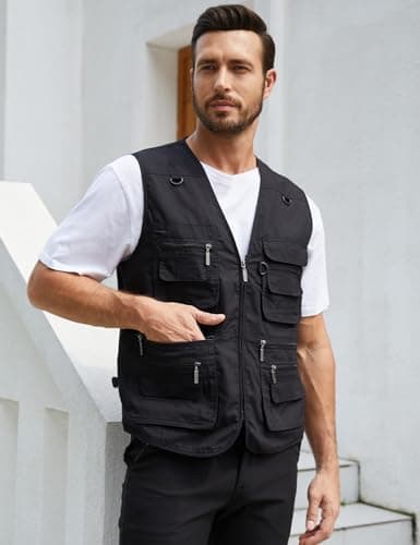 Gihuo Men's Fishing Vest Utility Safari Travel Vest with Pockets Outdoor Work Photo Cargo Fly Summer Vest(Large,Black)