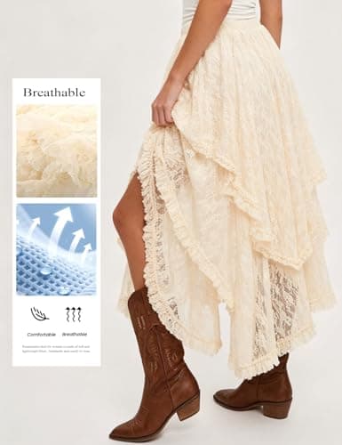 Yimoon Women's Floral Lace Long Skirts Elastic Asymmetrical Layered See-Through Maxi Skirts Sexy Sheer Flowy Beach Skirt(Beige-M)