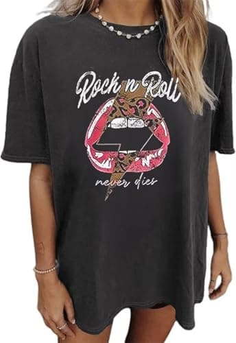 GEKYKOC Music City T-Shirt Women Country Music Oversized Tshirts Vintage Graphic Rock Concert Shirts Rock Band Tops (Large, A-Gray)