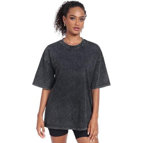 Womens Washed Vintage Oversized T-Shirt Baggy Workout Tops Short Sleeve Cotton Tshirts Streetwear Boyfriend Tee(W-Black,m)