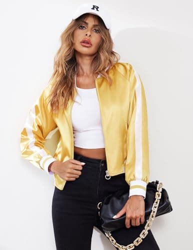 Zeagoo Women's Classic Solid Striped Biker Jacket Zip Up Fashion Bomber Jacket Coat Gold Small