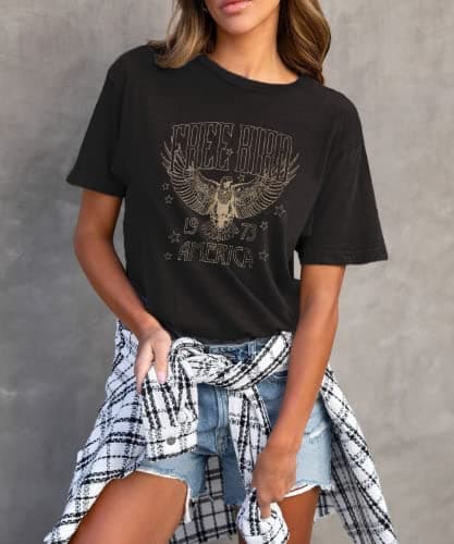 KEKEMI Vintage Rock Band Tshirts Women Retro Free Bird Western Graphic Tees Country Music Shirts Casual Short Sleeve Tops(Black-104,Medium)