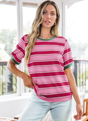Dokotoo Women's T-Shirts Short Sleeve Color Block Striped Shirts Basic Crew Neck Fashion Holiday Athletic T Shirts Casual Loose Fit Blouses Summer Trendy Clothes Beach Vacation Outfits Rosy Small