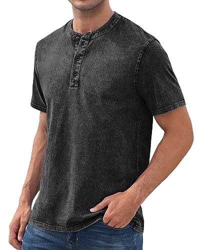 NITAGUT Mens Distressed Henley Shirts Retro Short Sleeve Cotton Tee Shirts Casual Button Down Washed T-Shirts Black, Medium