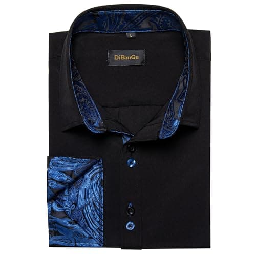 DiBanGu Men's Dress Shirt Long Sleeve Casual Button Down Shirts Regular Fit Inner Contrast Shirt for Business Party, Black and Royal Blue, Medium