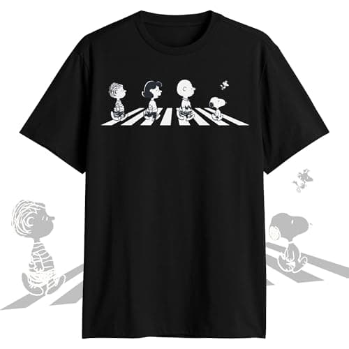 Peanuts T-Shirt Men's Abbey Road Crossing Black and White Graphic Print Tee (Large)