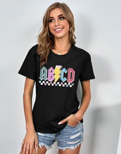 Teacher Shirts Women ABCD Teacher Tshirt Teacher Life Shirt Tees Teacher Gifts Casual Teach Tops Black