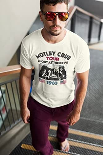 American Classics Motley Crue 80s Hair Band 1983 Shout at The Devil Tour Adult Short Sleeve T-Shirt Graphic Tee Off-White