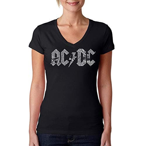 ACDC Song Title Word Art V-Neck T-Shirt Women’s, Officially Licensed by LA Pop ArtBlack Casual Short Sleeve X-Large