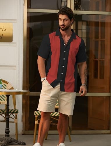 Hardaddy Men's Vintage Bowling Shirt 1950s Short Sleeve Casual Button Down Summer Beach Camp Collar Shirts Wine Red XL