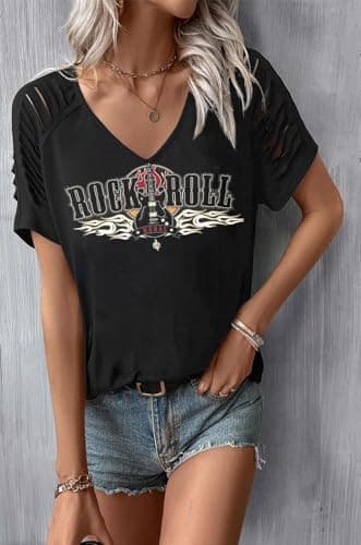 Raypag Women Vintage Rock T Shirts Casual Loose Fit Short Sleeve Country Rock Band T-Shirts Tshirt Vintage Letter Print(Black,Large)