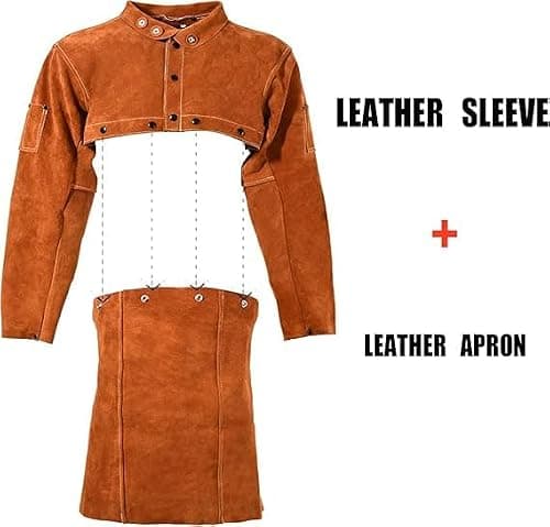LeaSeek Leather Welding Jacket - Heavy Duty Welding Apron with Sleeves,Heat Flame Resistant Cowhide Weld Coat for Men Women.
