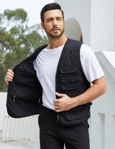 Gihuo Men's Fishing Vest Utility Safari Travel Vest with Pockets Outdoor Work Photo Cargo Fly Summer Vest(Large,Black)