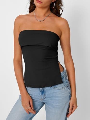 Trendy Queen Going Out Tops for Women 2026 Spring Trendy Tube Summer Top Off Shoulder Backless Strapless Bandeau Cute Work Shirts Vacation Y2k Clothes Outfits Fashion Black S