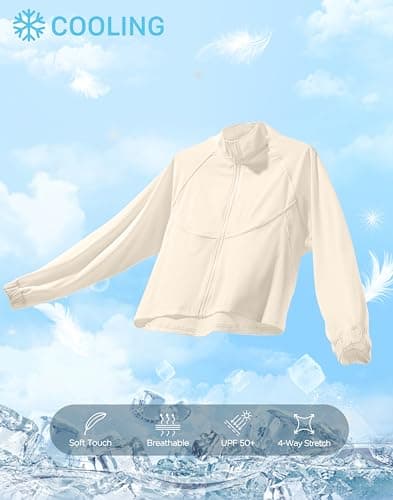 Soothfeel Women's Athletic workout Jacket Lightweight UPF 50+ Long Sleeve Sun Protection Shirts Zip Up Cropped Hiking Tops (Bone, S)