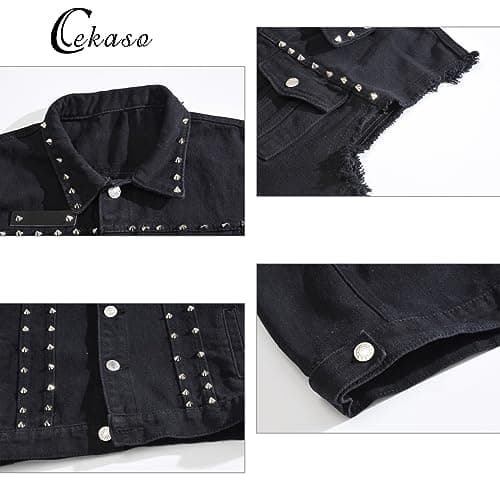Cekaso Men's Denim Vest Punk Sleeveless Jean Jacket Rocker Studded Vests,Black,L