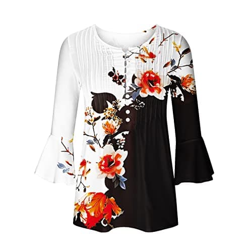 Ceboyel Summer Shirts for Women 2023 Womens Summer Tops 2023 Floral Print Button Down Tunic Shirts 3/4 Sleeve Tops Blouse Trendy Dressy Casual Ladies Clothes Black L
