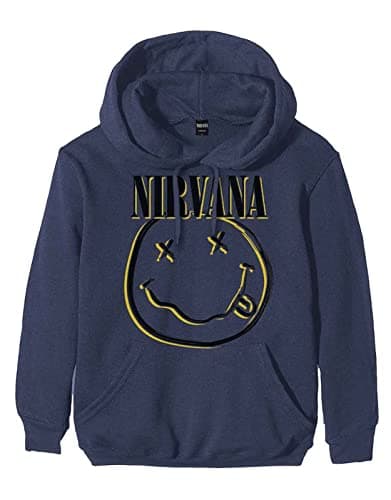 Nirvana Hoodie Inverse Smiley Band Logo Official Mens Navy Blue Pullover Size L