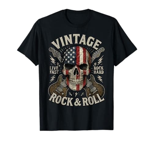 Vintage Rock Skull American Flag Guitar Retro Rock and Roll T-Shirt
