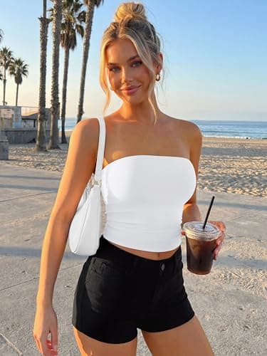 Trendy Queen Double Lined Tube Top for Women Backless Strapless Bandeau Bikini Cute Crop Tank for Teen Summer Going Out Party White M