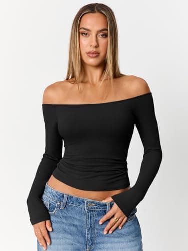 Trendy Queen Womens Long Sleeve Off The Shoulder Tops Going Out Basic T Shirts Cute Sexy Crop Boat Neck Y2K Corset Concert Fall Fashion 2026 Outfits Clothes Black M